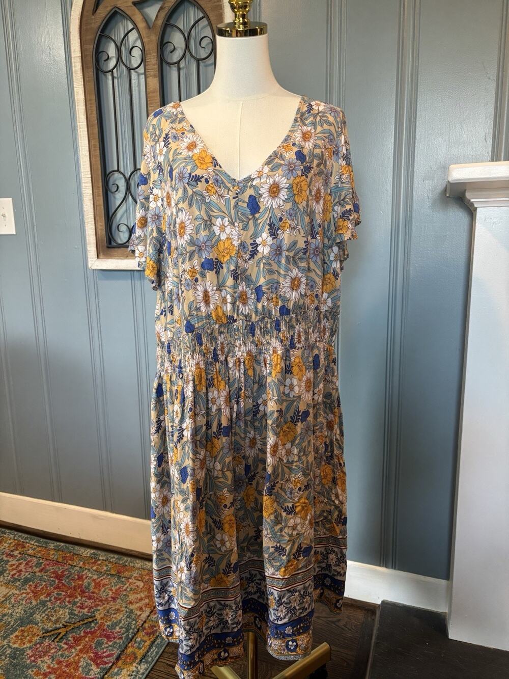 Agnes Orindi Prairie Cottage-core Floral Dress 3X Plus V-Neck Flutter Sleeve